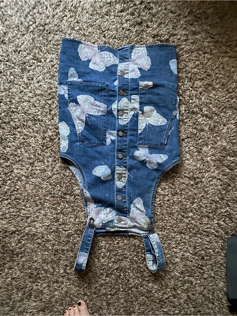 Butterfly Print Denim Button-Front Romper